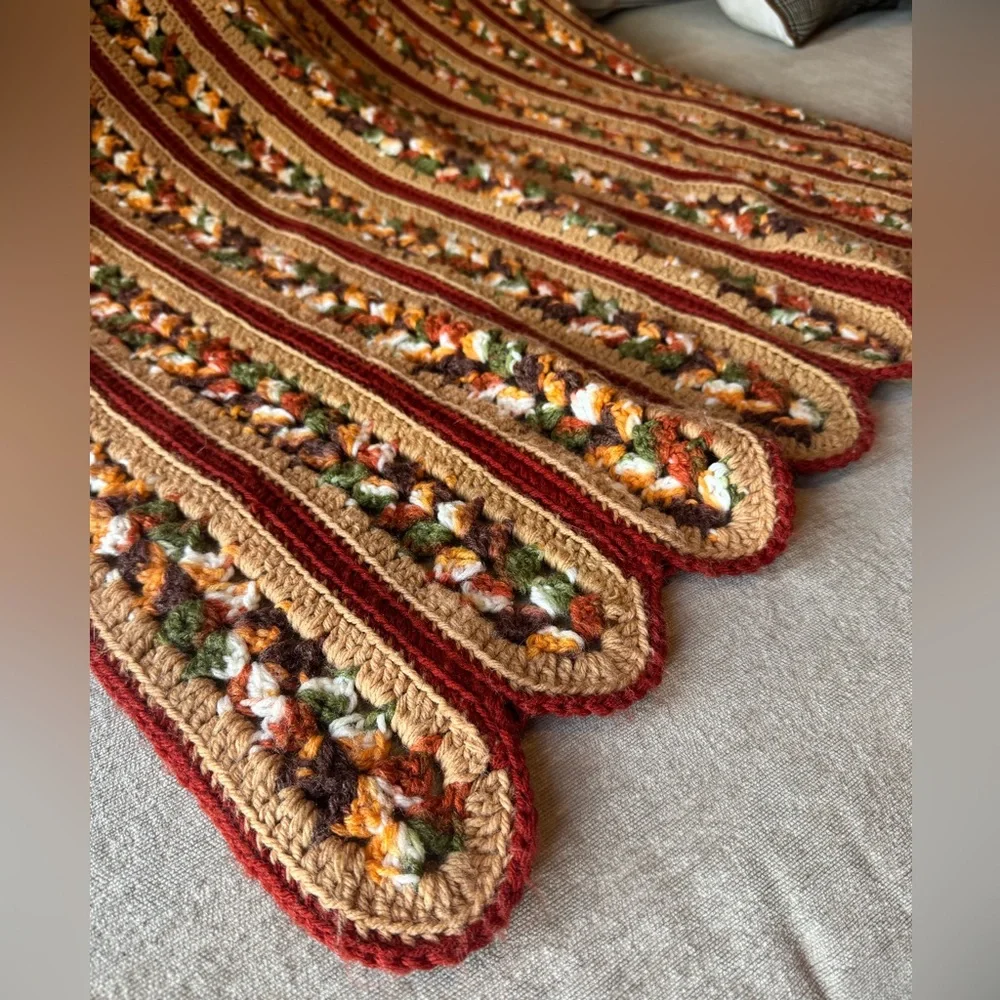 Vintage Handmade Crochet Afghan Blanket Scalloped Granny Stripe Throw Boho Retro - Picture 2 of 6